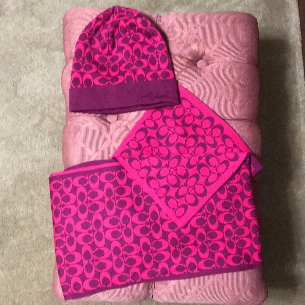 Coach Purple and Fuschia Pink Scarf and Hat Set